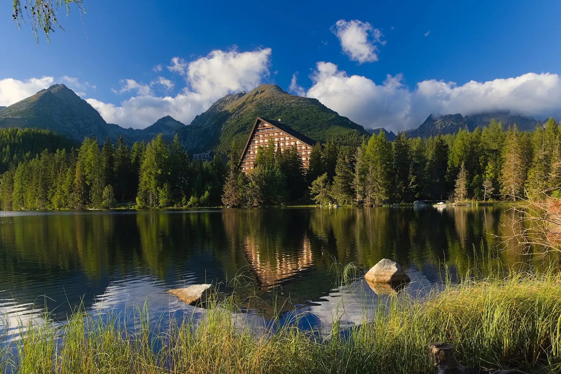 Štrbské pleso lake with the peaks of the High Tatras behind it